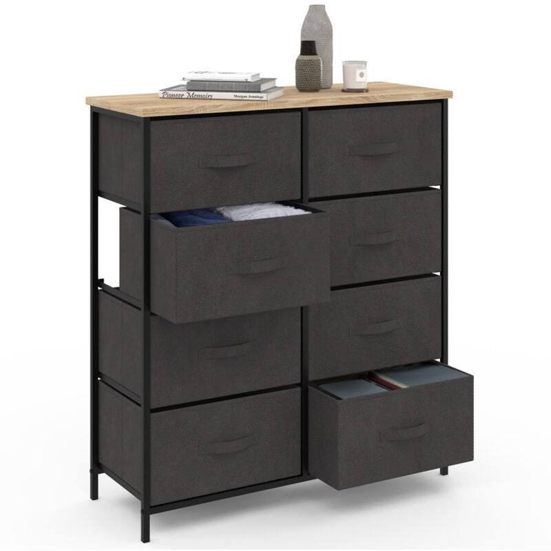 Commode 8 tiroirs en tissu alta 80 cm gris anthracite et plateau effet bois design industriel