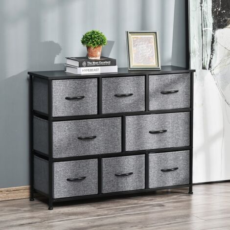 Commode 8 tiroirs en tissu, meuble de rangement avec poignées, structure en métal, meuble design moderne pour chambre, salon, 100x30x78cm, Gris foncé