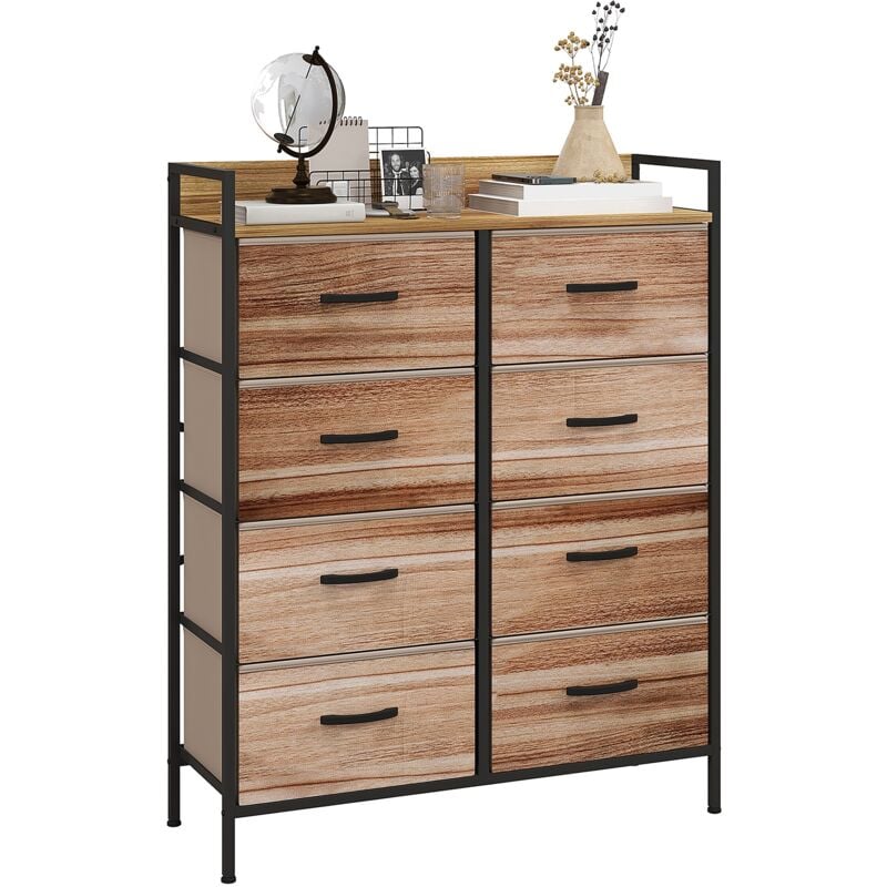 Commode 8 tiroirs et étagère - dim. 79L x 29l x 101H cm - châssis piètement métal noir tiroirs non tissés façades aspect bois