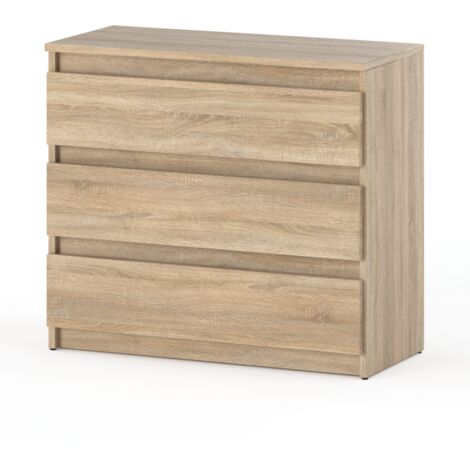 Commode chêne Sonoma 80 cm 3 tiroirs – Finition mate – Glissières à billes – Meuble TV pour salon ou chambre