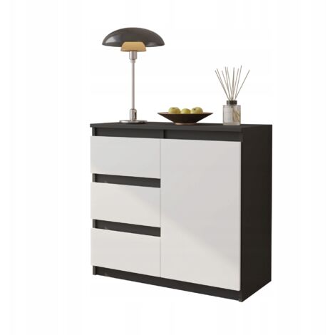 COMMODE 80 CM ANTHRACITE / BLANC MAT 3 TIROIRS 1 PORTE ÉTAGÈRE