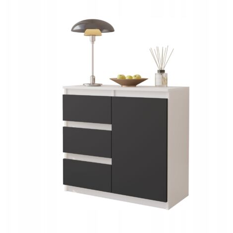 COMMODE 80 CM BLANC MAT / ANTHRACITE 3 TIROIRS 1 PORTE ÉTAGÈRE
