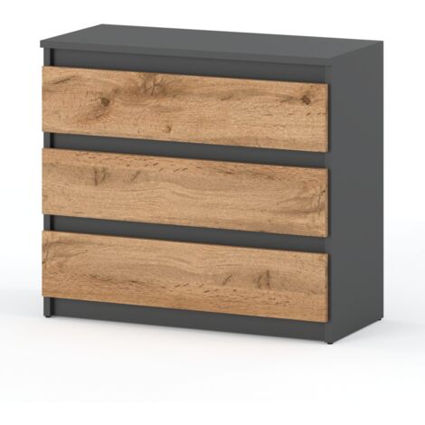 Commode 80 cm chêne Wotan – 3 tiroirs – Panneau stratifié – Corps gris mat – Meuble à monter soi-même – Loft