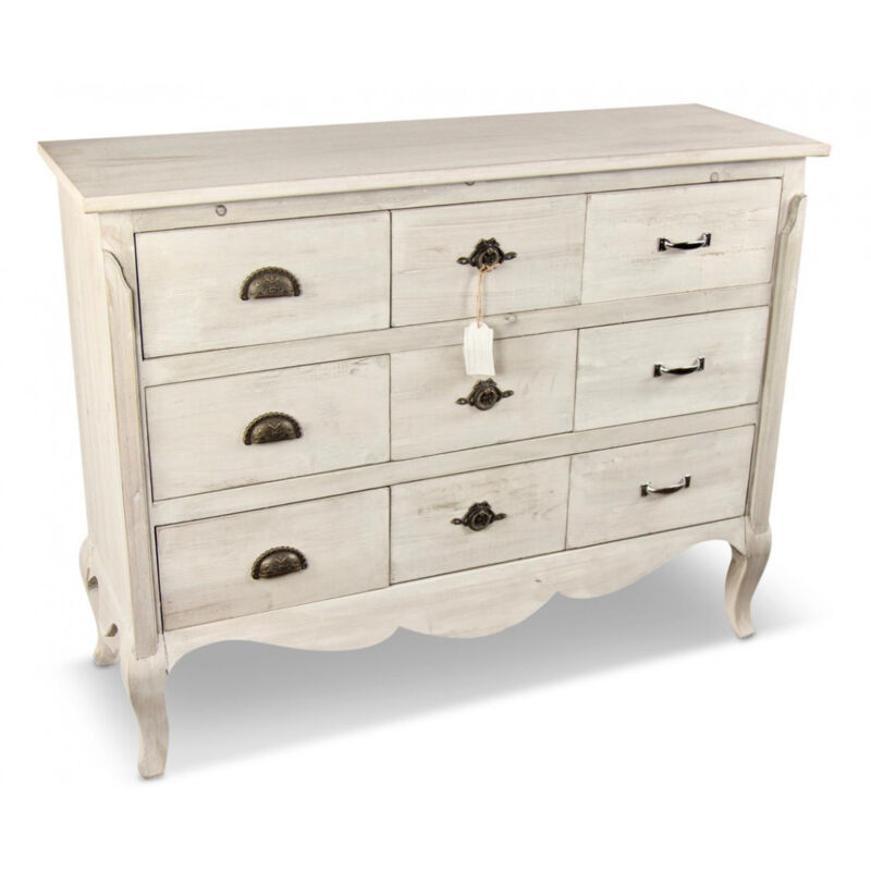 Decoration D ’ Autrefois - Commode 9 Tiroirs Bois Cerusé Blanc 121x40x94cm - Blanc