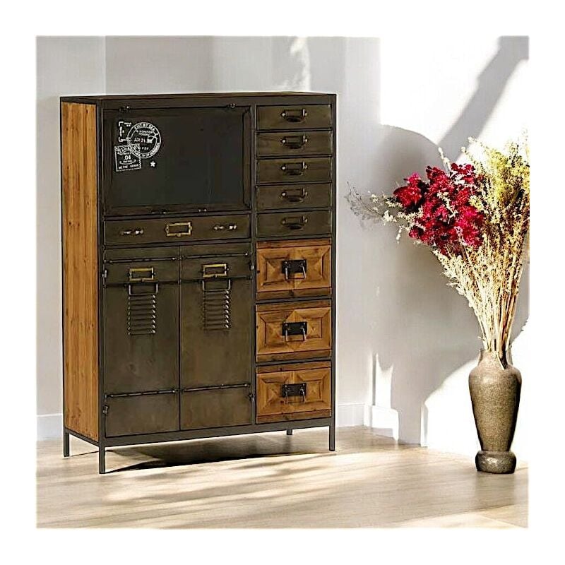 Commode 9 tiroirs métal vieilli et bois lamphun
