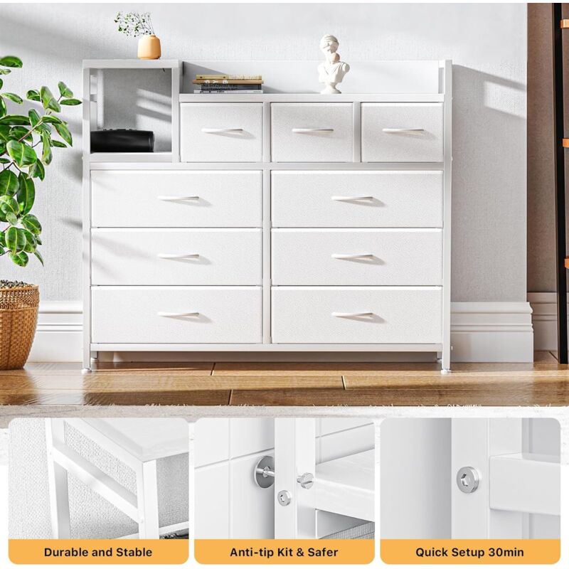 Commode 9 Tiroirs, Multifonction avec Station De Charge, Meuble TV & Rangement Chambre, Organisation Dressing, Appartement & Chambre d'enfant, Design