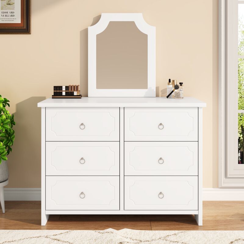 Commode 97 cm, avec 6 tiroirs, miroir amovible, poignées en bois, glissières silencieuses, armoire de salon chambre de rangement - Blanc