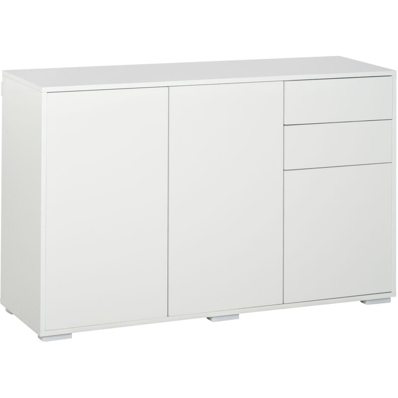 Commode buffet de rangement 2 tiroirs coulissants 3 portes étagère réglable panneaux de particules 117 x 36 x 74 cm blanc