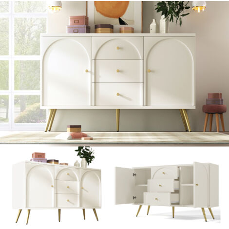 Commode à 2 portes et 3 tiroirs, blanche, étagère réglable, pour salon/chambre, blanc crème, H 84/L 140/P 40 cm