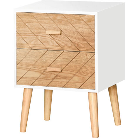 Commode à 2 tiroirs, coiffeuse de chambre, table de chevet avec pieds surélevés pour salon, 40 x 30 x 55,5 cm, blanc et naturel