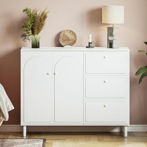 JOOLIHOME LIVING Commode À 3 Tiroirs, Armoire Moderne En Bois Avec 2 Portes, Meuble Polyvalent Pour Salon, Chambre, Couloir Ou Salle À Manger, Design Intemporel, 40x120x96cm, Blanc
