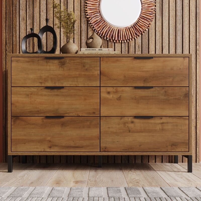 Commode à 6 tiroirs, pour chambre, salon, chêne foncé
