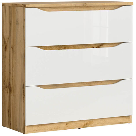 Commode à 3 tiroirs, coloris chêne Wotan/blanc brillant - Longueur 90 x Profondeur 39,5 x Hauteur 91,5 cm