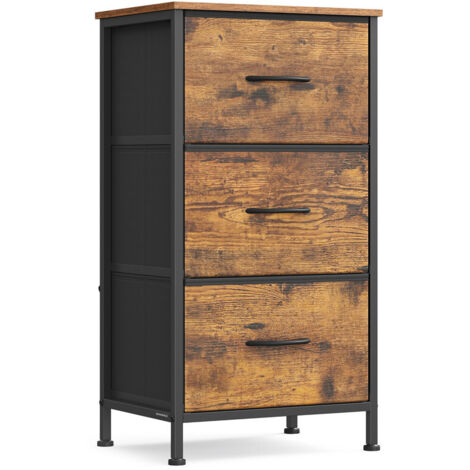 Commode à 3 tiroirs en tissu, acier, MDF, tissu non tissé, pour chambre à coucher, placard, couloir, salon, marron rustique et noir encre
