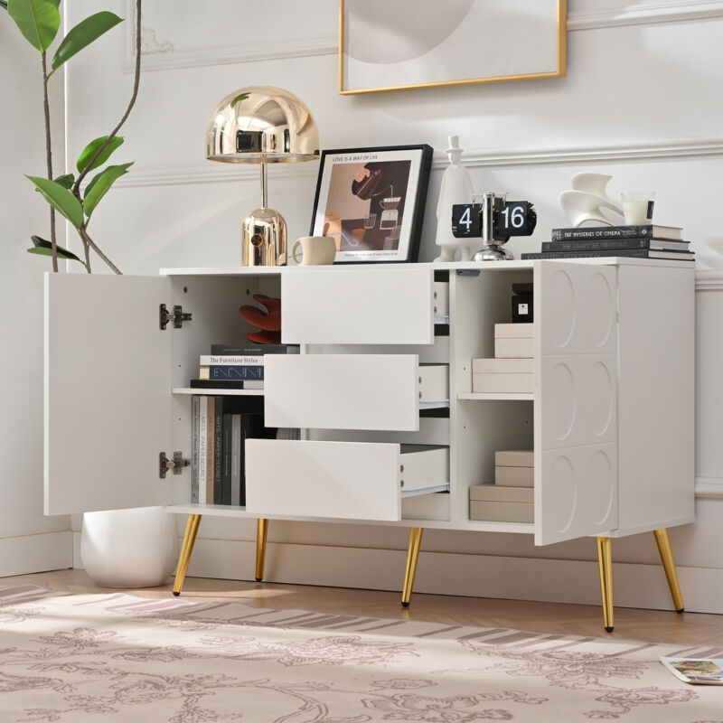 Commode à 3 tiroirs et 2 portes, Buffet/coiffeuse, salon, étagères réglables et anti-basculement, 120x40x78 cm, blanc