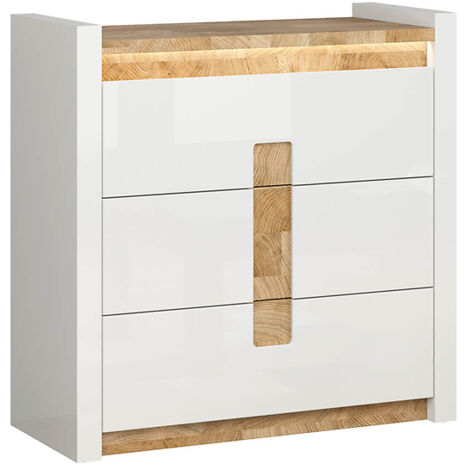 Commode à 3 tiroirs meuble de rangement avec éclairage LED, coloris Blanc brillant/Chêne clair - Longueur 97 x Profondeur 41 x Hauteur 96,5 cm