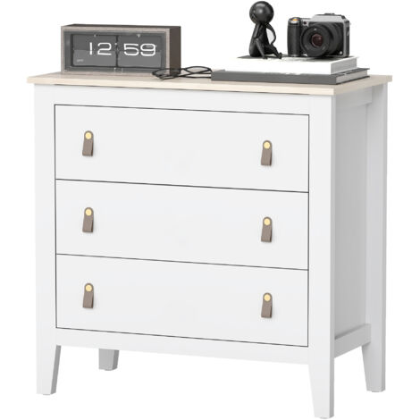 Commode à 3 tiroirs, poignées en similicuir, pour chambre, salon ou entrée, 80 x 40 x 78,5 cm, blanche