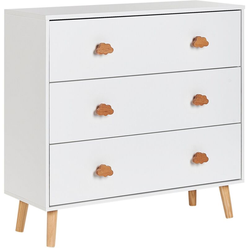 Beliani – Commode enfant 3 tiroirs MDF blanc – Poignées nuage – Pieds en bois de pin – Rangement pratique chambre d'enfant – Dimensions 80x30x76cm