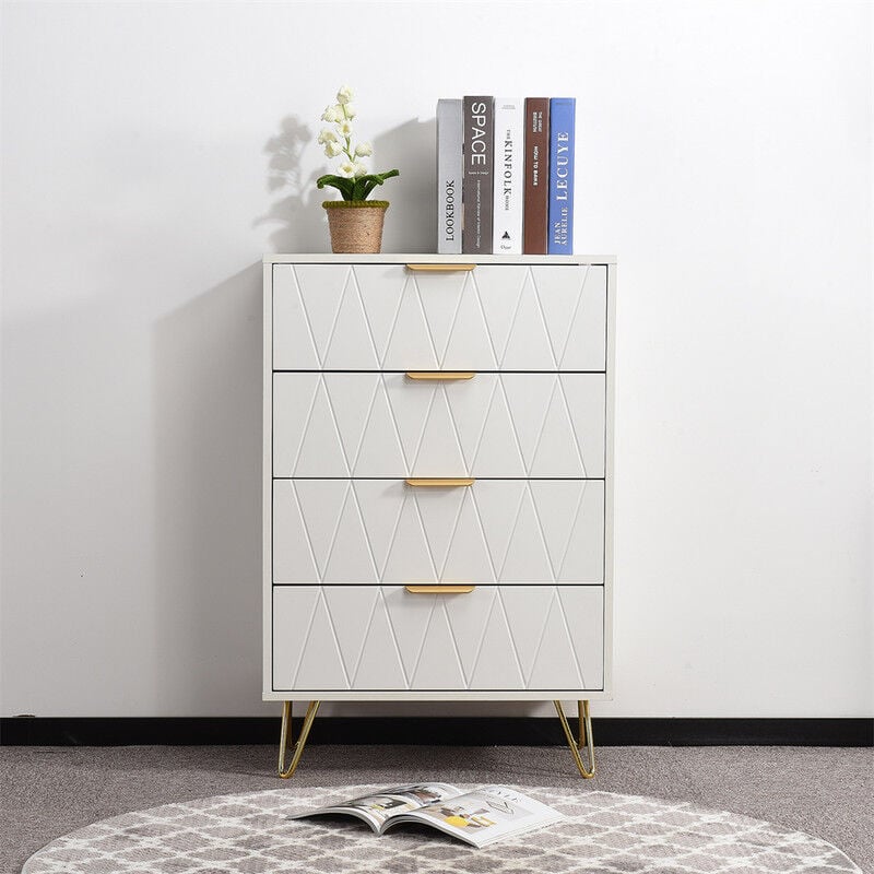 Commode à 4 tiroirs, 60x34x90cm, en forme de losange, panneau en placage, poigné et pied doré, mdf, blanc