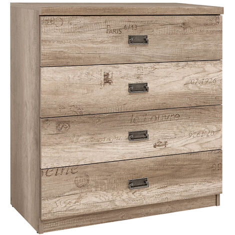 Commode à 4 tiroirs coulissantes coloris Chêne/Gris motif écriture - Longueur 80 x Profondeur 40 x Hauteur 87,5 cm