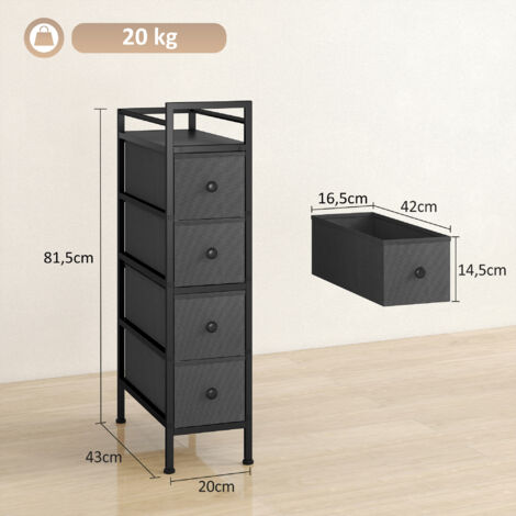 Commode à 4 tiroirs en tissu non tissé, meuble de rangement avec structure en acier, 20 cm x 43 cm x 81,5 cm, noire