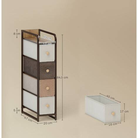 Commode à 4 tiroirs en tissu non tissé, meuble de rangement avec structure en acier, 20 x 47 x 84,5 cm, multicolore