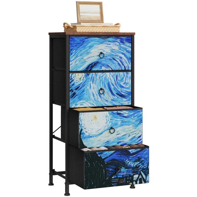 Commode à 4 Tiroirs en Tissu Woltu Chiffonnier, Meuble Rangement, Cadre en Métal, 45x30x95cm, Marron Rustique+Noir+Motif de Ciel Étoilé