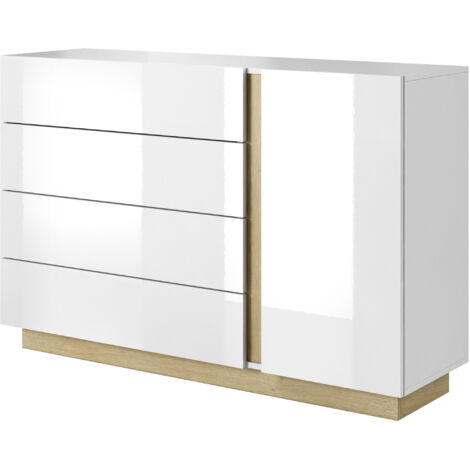 Commode à 4 tiroirs et 1 porte, blanc + blanc brillant + chêne Grandson, 138,2 x 90,5 x 40 cm