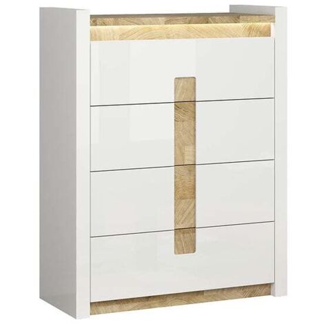 Commode à 4 tiroirs meuble avec éclairage LED, coloris Blanc brillant/Chêne clair - Longueur 62 x Profondeur 41,5 x Hauteur 51,5 cm