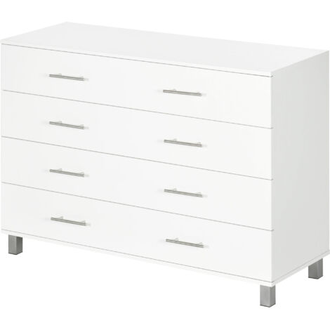Commode à 4 tiroirs sur pieds, style moderne, idéale pour le salon ou l'entrée, 112 x 38,2 x 81 cm, blanche.