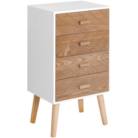 Commode à 4 tiroirs, table de chevet avec pieds surélevés pour chambre ou salon, 40 x 30 x 75 cm, blanc et naturel
