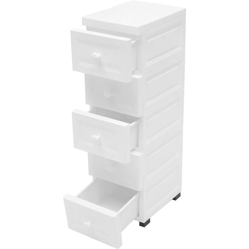 Commode à 5 tiroirs, avec roulettes, pour cuisine, salle de bain, salon, bureau, couloir, blanc, pp, 25 x 34 x 82 cm
