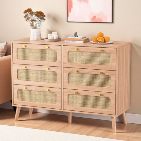 Commode à 6 Tiroirs 100 x 34 x 73 cm, Armoire à Rangement en Rotin Cannage, Commode avec tiroirs en Rotin pour Chambre, Salon ou Bureau