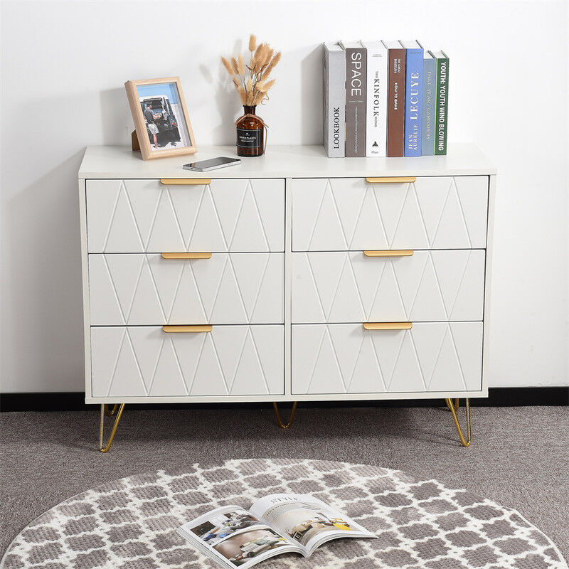 Commode à 6 tiroirs, 100x34x72.5cm, en forme de losange, panneau en placage, poigné et pied doré, mdf, blanc