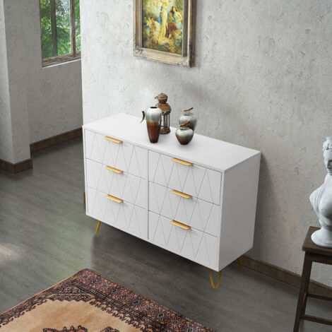 Commode à 6 Tiroirs Blanc 100x34x72cm - Pieds Or V - Anti-chute - Pour chambre, salon, entrée - Motif Diamant