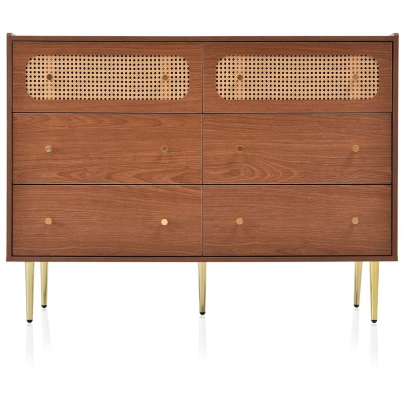 Commode à 6 tiroirs, buffet en rotin pour chambre à coucher, noyer -H90xB120xT40 cm