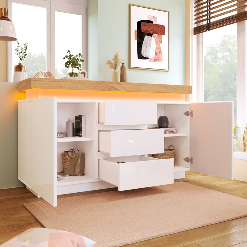 Buffet blanc brillance avec 3 tiroirs avec 2 portes, buffet de salon avec éclairage led, pour salon et chambre, 81 x 140 x 39 cm