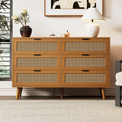 Commode à 6 tiroirs - Commode en rotin, avec poignées en métal, pour chambre à coucher, salon, buffet haut, vintage - 120x76.5x40cm, Marron