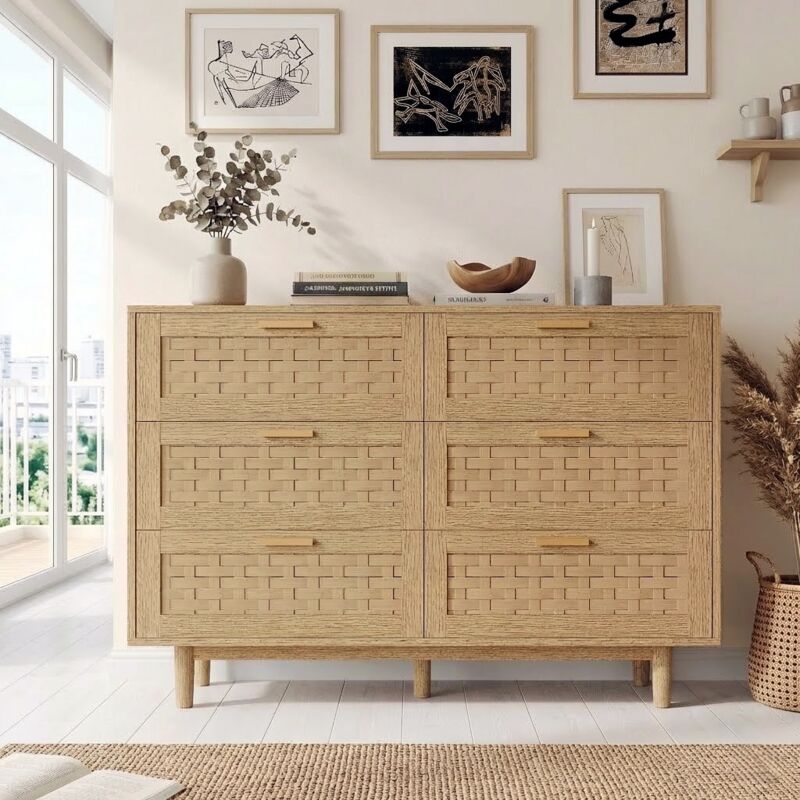 Commode à 6 Tiroirs en Bambou Tressé, Buffet Bas Design Naturel avec Pieds Cylindriques, Meuble de Rangement Salon Salle à Manger, 115x40x80 cm