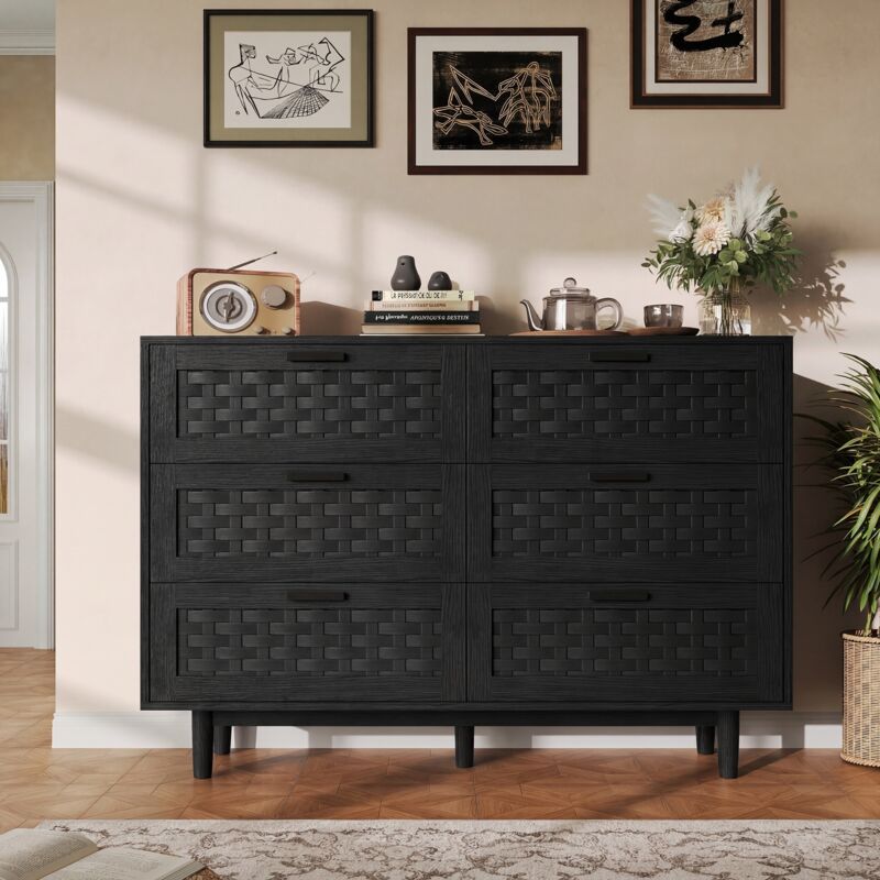 Commode à 6 Tiroirs en Bambou Tressé, Buffet Bas Design Naturel avec Pieds Cylindriques, Meuble de Rangement Salon Salle à Manger, 115x40x80 cm - Noir