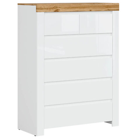 Commode à 6 tiroirs meuble de rangement ,coloris Blanc/Chêne wotan - Longueur 98,5 x Profondeur 42 x Hauteur 129,5 cm
