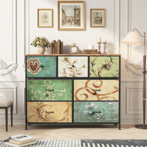 Commode à 7 tiroirs - tiroirs en tissu - Pieds réglables à 360° - Panneaux à motif bois - Structure en fer - bohème - L100 x H78 cm - Multicouleur