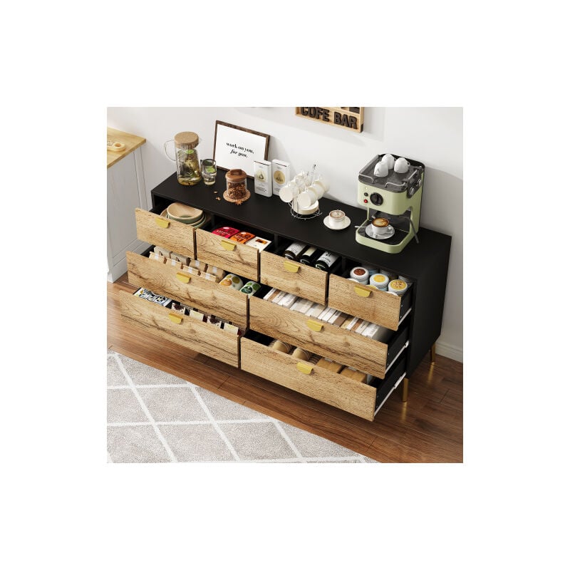 Commode à 8 tiroirs, commode noir et bois, poignées en métal doré, pieds en métal, pour salon et salle à manger