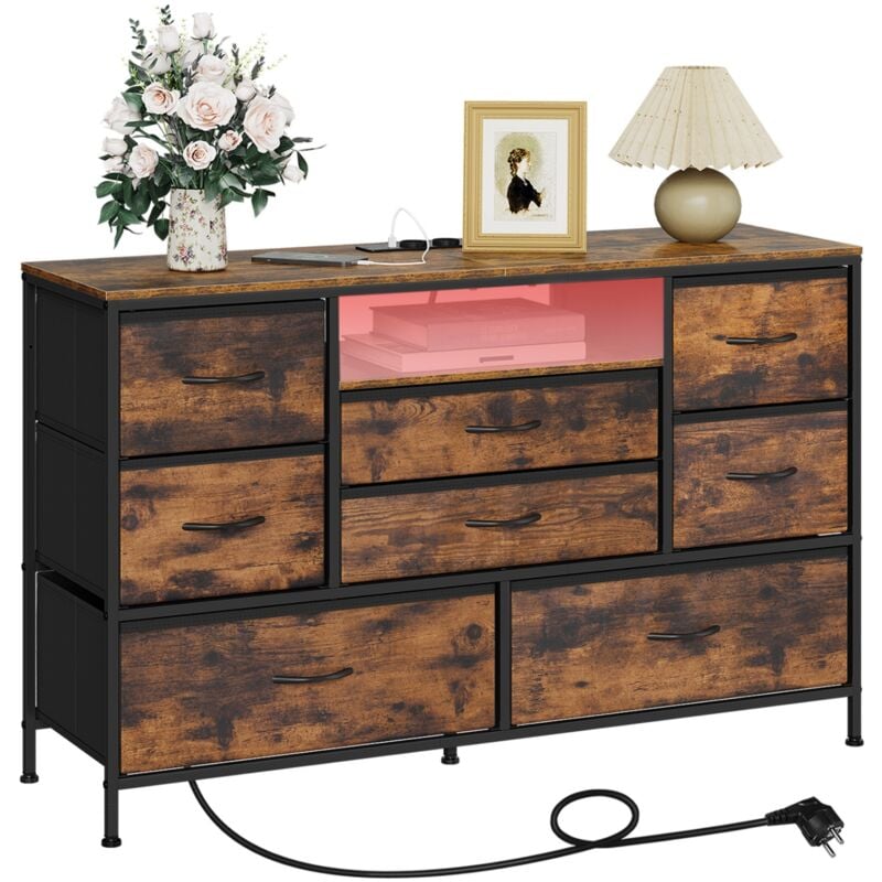 Commode à 8 Tiroirs en Tissu Woltu Meuble tv avec Lumière LED,Armoire avec Station de Recharge, Brun Rustique et Noir