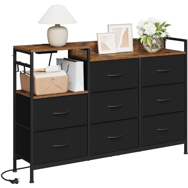 Commode à 8 Tiroirs Woltu Commode avec Station de Charge, Tiroirs en Tissu et Crochets, en Métal et Bois d'Ingénierie E1, Marron Rustique + Noir