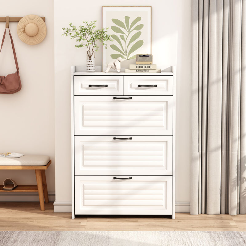 Meuble à chaussures blanc, avec 3 grands abattants et 2 tiroirs, pour entrées et aux salons, 80x24x120 cm