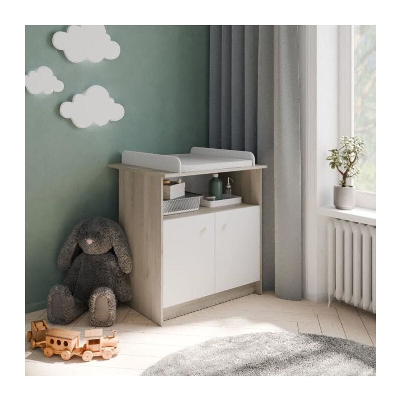 Commode a langer 2 portes, 1 niche - helicia - Blanc mat & Chene kronberg - 79,6 x 70 x 94,4 cm Demeyere