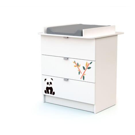 Commode à langer 3 tiroirs en bois avec plan à langer amovible – Dimensions 79x65x92 cm – Décor adhésif panda inclus – Webaby