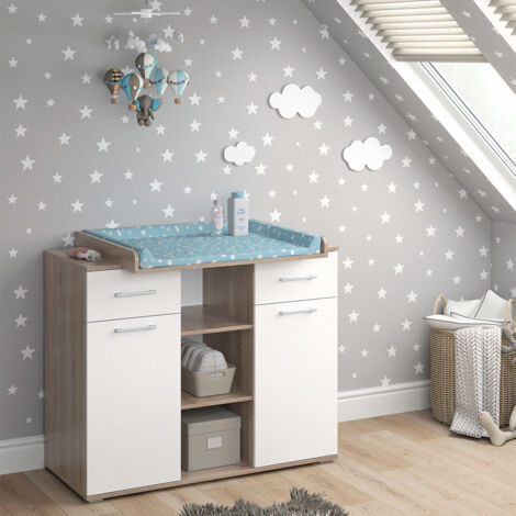 Vicco – Table à langer Leonie 113 x 100 cm – Panneaux de particules 16 mm – 3 compartiments ouverts – 2 tiroirs – Surface d'enroulement amovible
