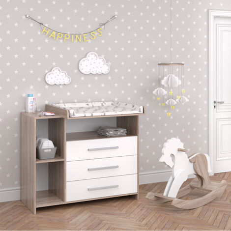 Vicco – Commode à langer Oskar – Dimensions 113 x 100 x 53 cm – Panneau de particules 16 mm – Revêtement mélamine – 3 tiroirs de rangement